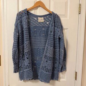 Lucky Brand Blue 100% Cotton Crochet Open Front Cardigan Size M